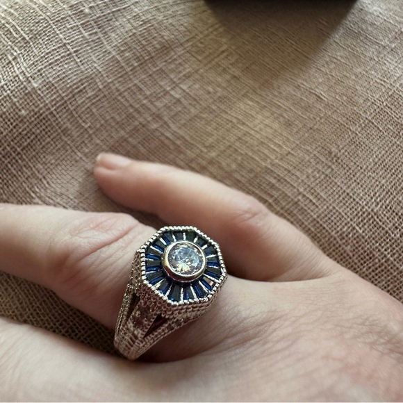 Art Deco Style Sterling Silver and Blue Gemstone Engagement Ring - Picture 6 of 10